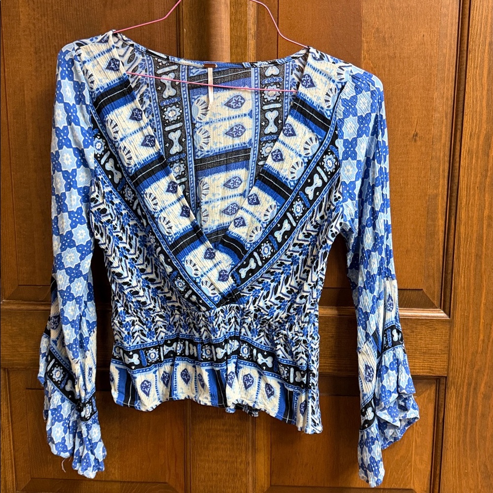 Free People Blue and Cream Patterned Top